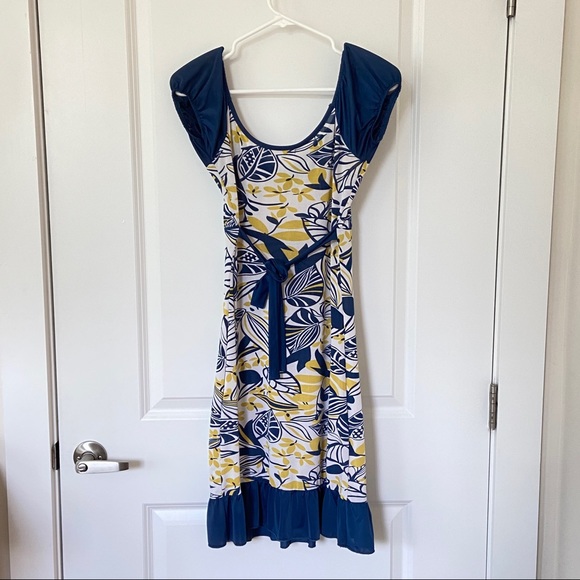 Navy and Yellow Botanical Leaf Print Summer Dress. Fits like Womens 2/4 - Picture 3 of 8